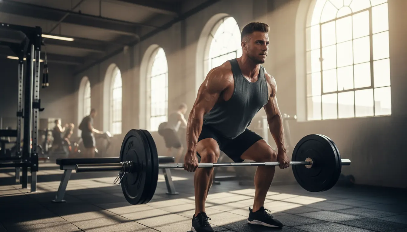 Athletic man mid-workout, intense focus, lifting heavy weights in modern gym with natural light streaming through windows....