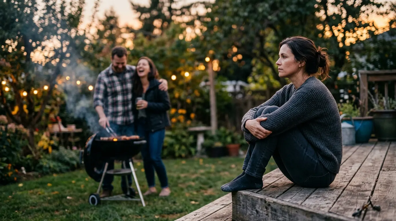 A woman in her late thirties sits alone on the edge of a backyard deck at dusk, arms wrapped around her knees, gaze distan...