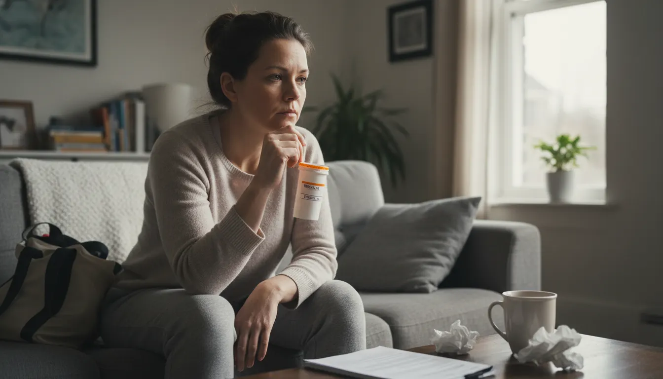 A woman in her late twenties to forties sitting at home after a doctor's visit, looking frustrated or tired, holding a pre...