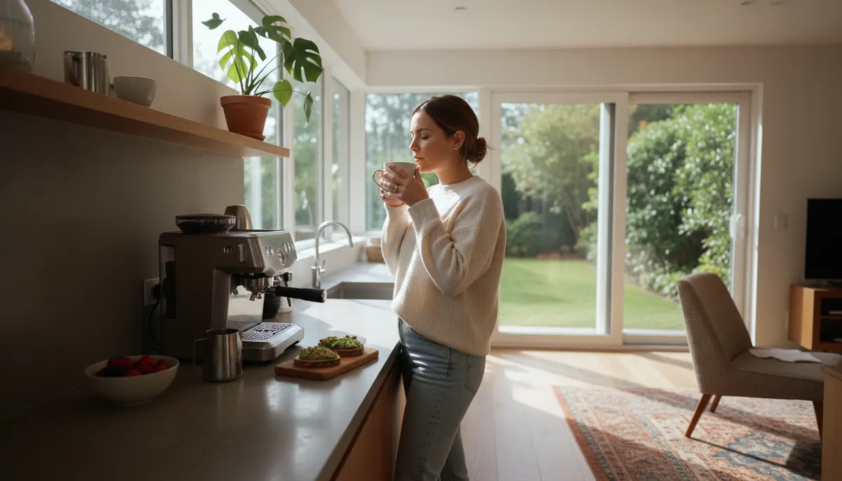 Woman in bright, sunlit modern kitchen enjoying morning coffee ritual, natural light streaming through windows, warm and i...