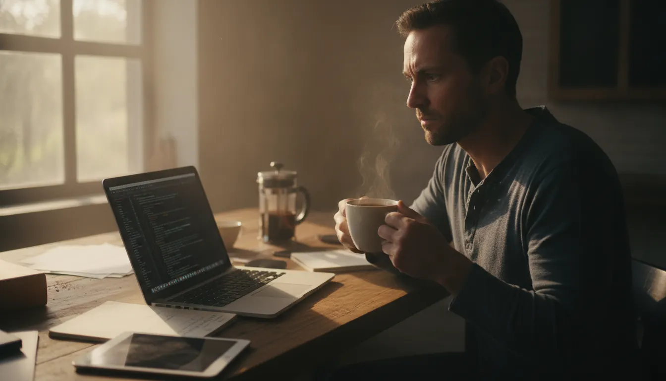 A professional in their 30s at a desk early morning, holding a freshly brewed coffee cup, sharp-eyed and focused, natural ...