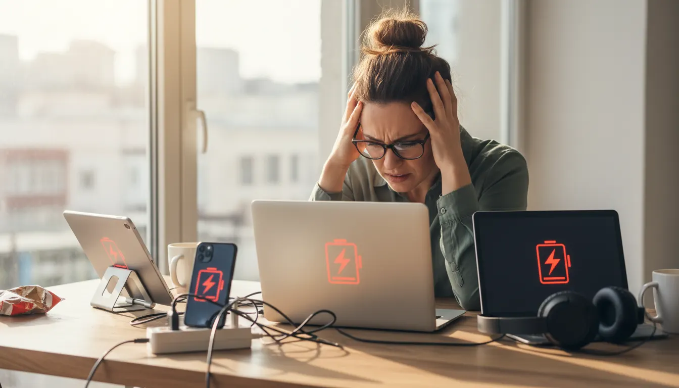 Tech professional at modern desk surrounded by multiple devices (laptop, phone, tablet, headphones) all needing charge sim...