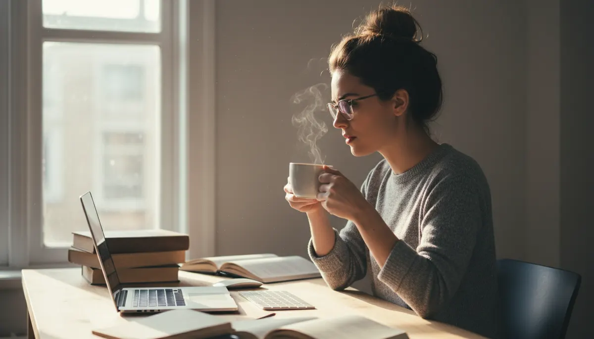 Busy professional at desk mid-morning, alert and focused, holding warm coffee cup with natural light streaming through win...