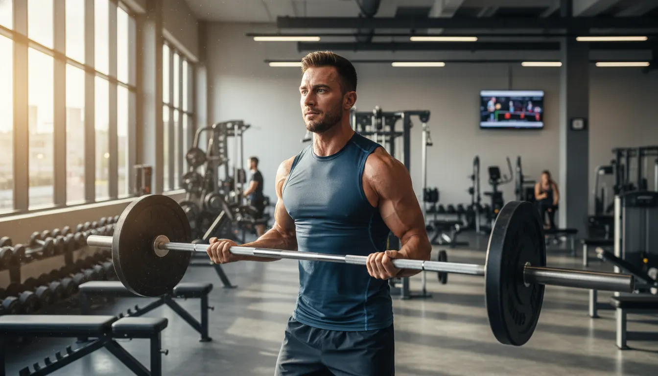 An active athlete mid-workout in a bright, modern gym, lifting weights with intense focus and energy, natural window light...