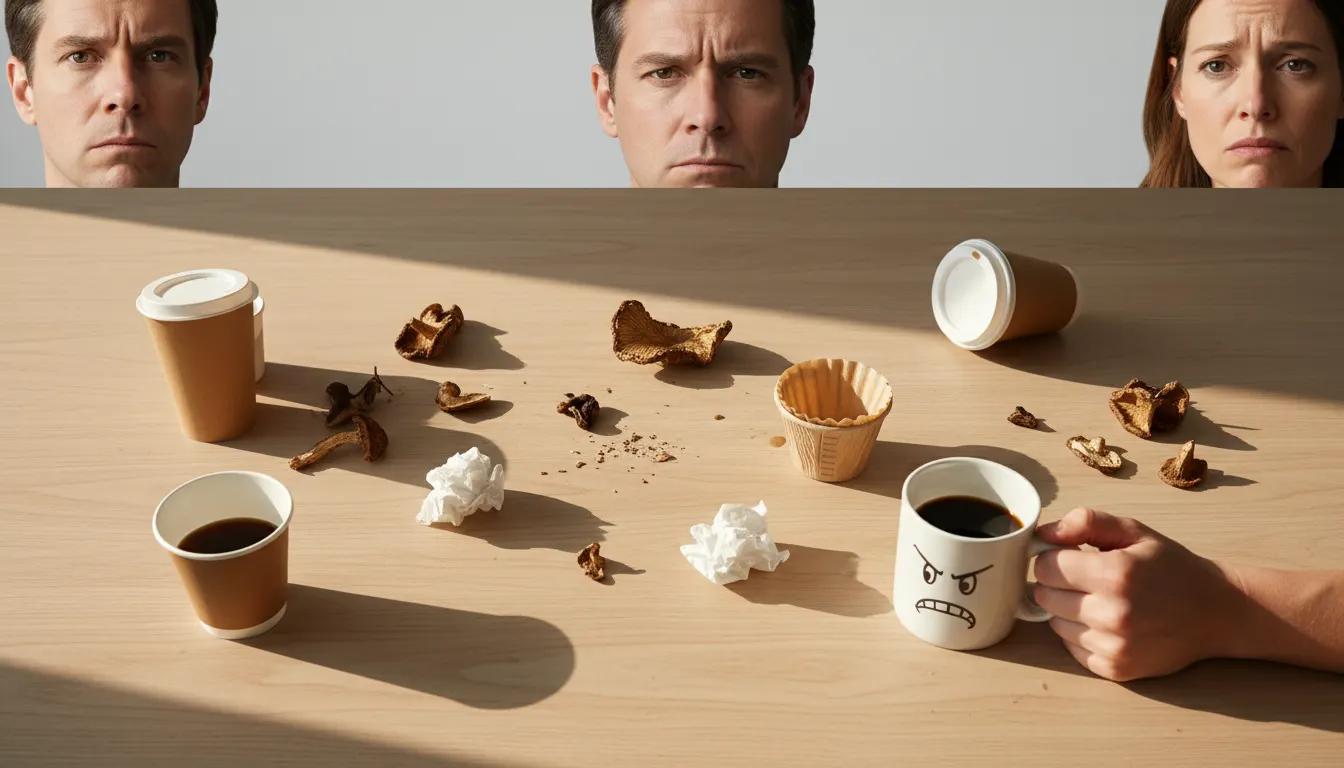 Overhead flat-lay of scattered coffee cups, mushroom pieces, and disappointed expressions captured in candid iPhone- photo...