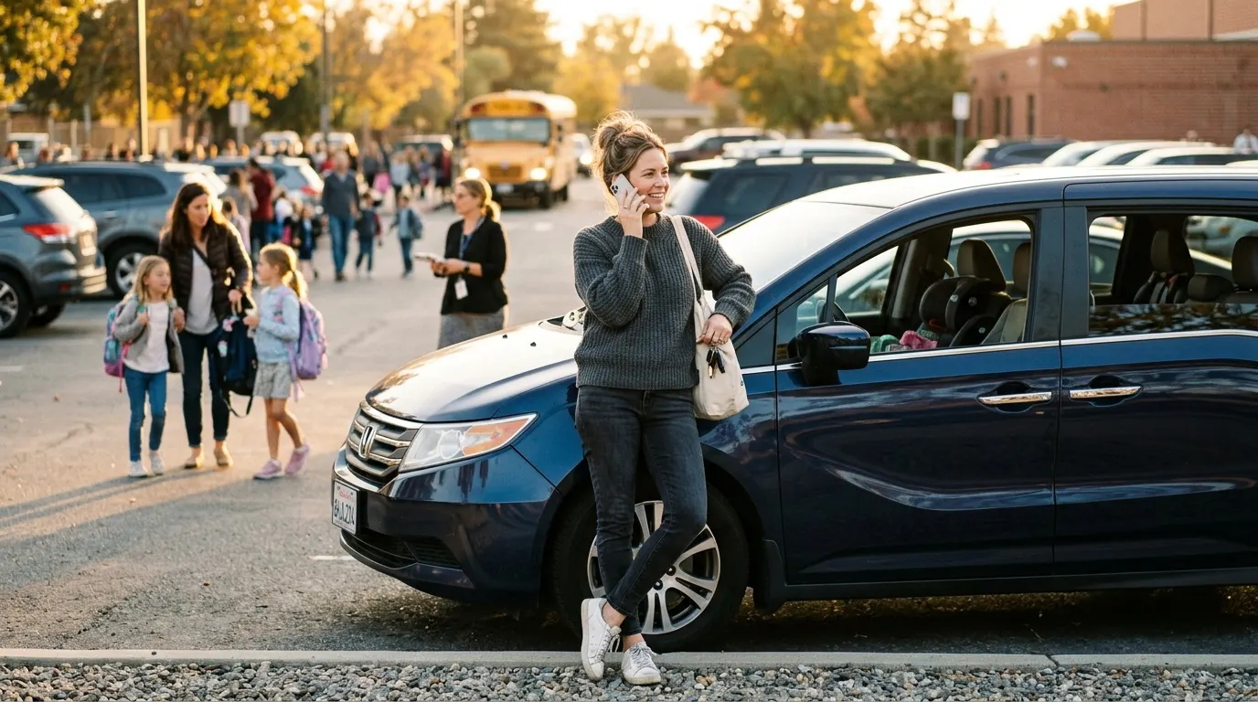 A woman in her late thirties at school pickup, leaning against her minivan in the late afternoon sun, holding her phone to...