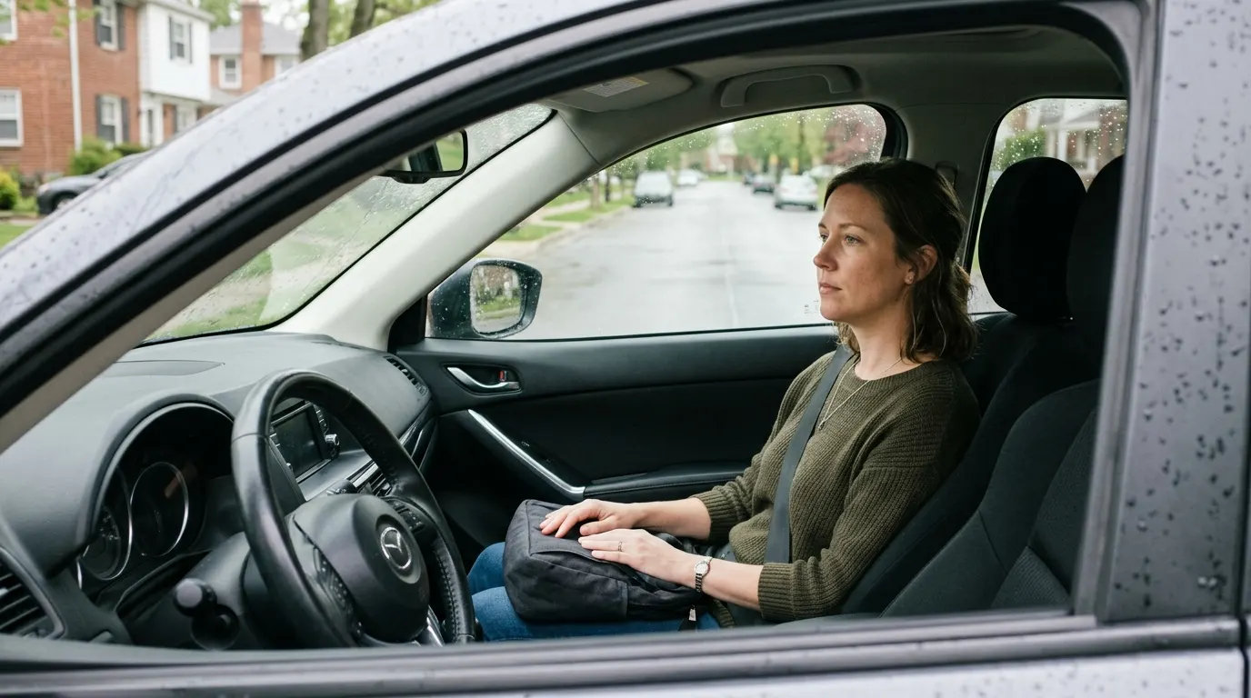 A woman in her late thirties sits alone in her parked car during midday, engine off, looking through the windshield at an ...