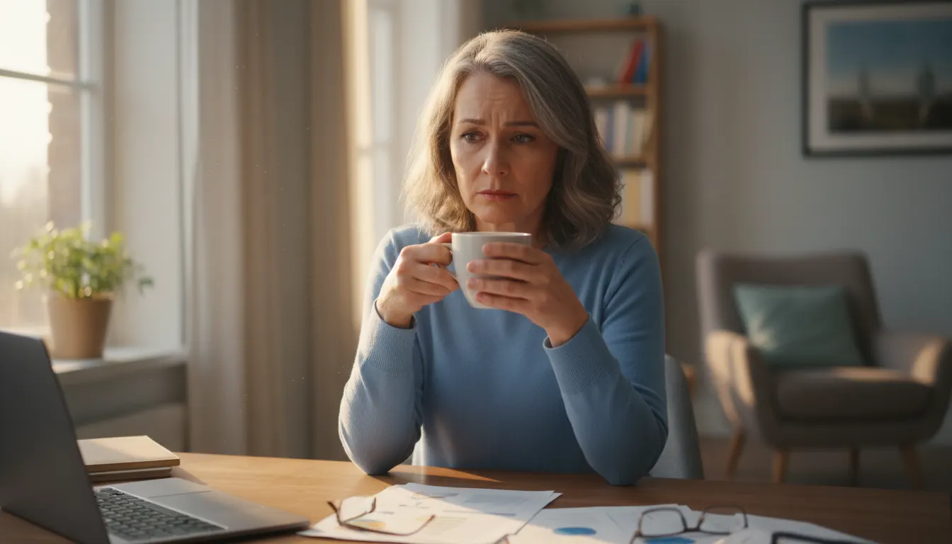 A professional over 50 sitting at a home desk in morning light, holding a coffee mug with a subtle expression of fatigue a...