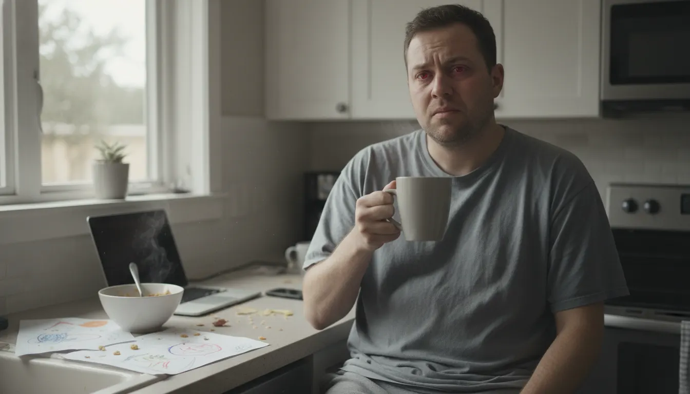Busy parent mid-morning at kitchen counter, holding steaming coffee mug with visible hand tremor, looking fatigued and sli...