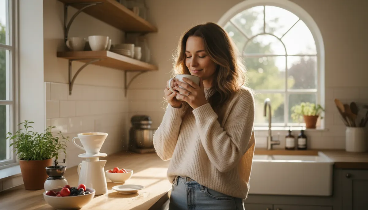 photo of a person starting their morning routine, warm natural window light, holding a mug, peaceful and focused energy. ,...