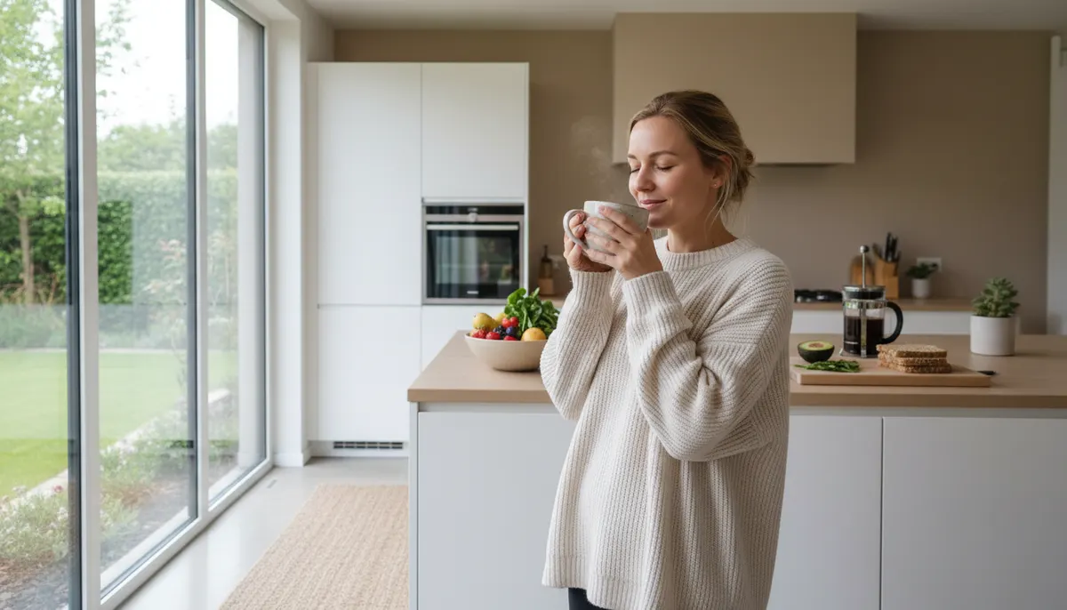 Woman in bright modern kitchen enjoying morning coffee, natural daylight streaming through windows, healthy aesthetic, war...