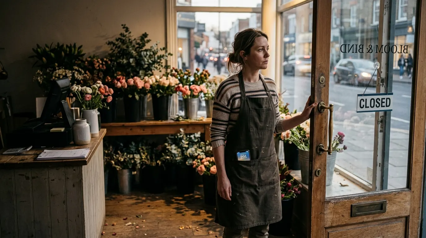 A woman in her late thirties stands just inside the glass door of her small flower shop, hand still resting on the door ha...