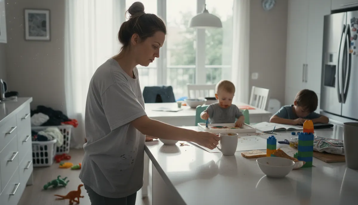 Exhausted busy mom in bright modern kitchen at mid-morning, reaching for third coffee cup, natural window light, realistic...