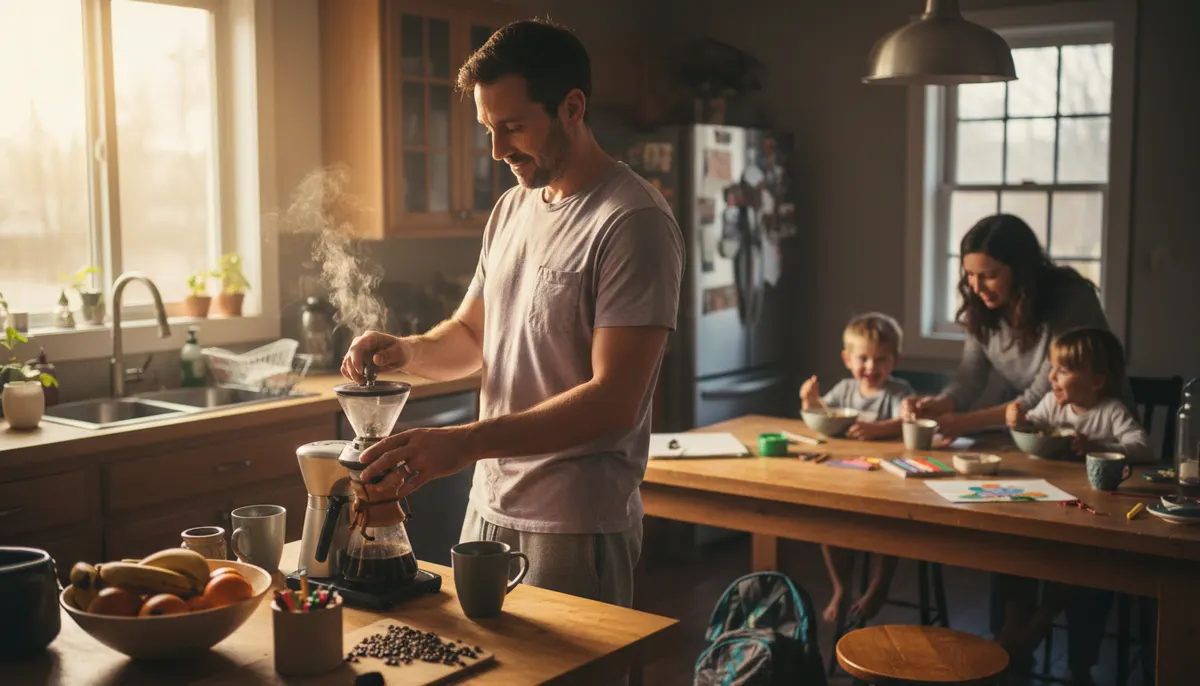 Candid morning scene of a busy father in his kitchen preparing coffee, warm natural sunlight streaming through windows, fa...