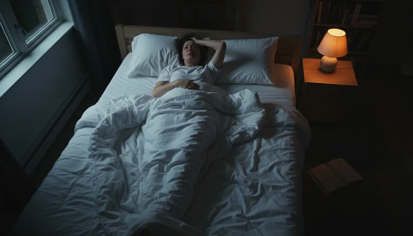 An adult lying awake in bed at night, staring at the ceiling in frustration, soft moonlight through bedroom window, warm a...