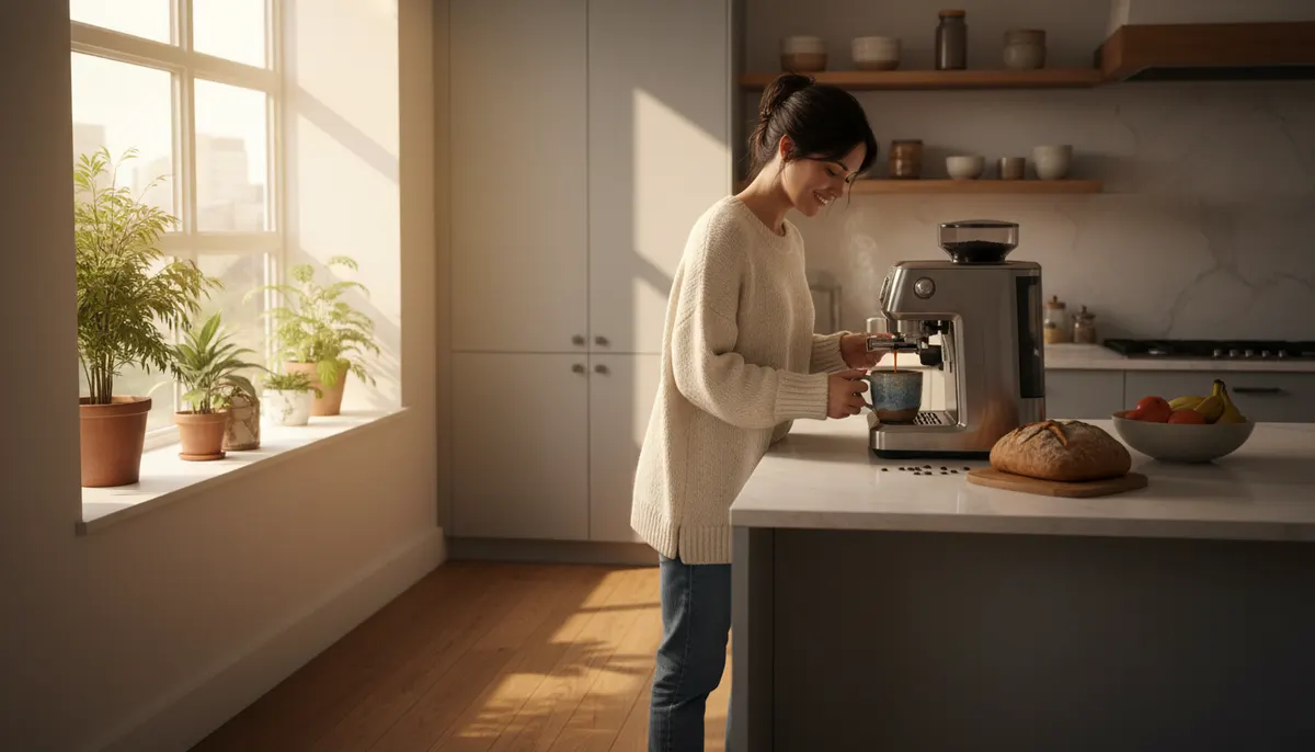 Woman in bright modern kitchen morning light pouring freshly brewed coffee into ceramic mug, natural window lighting, warm...