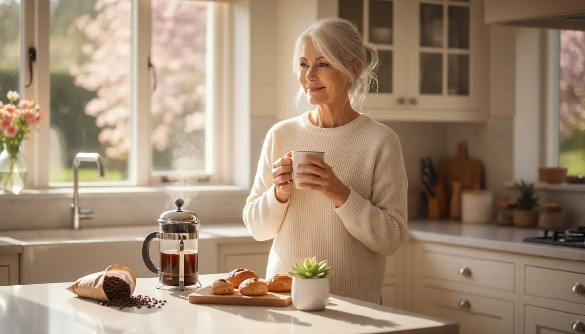 Serene morning scene of a mature adult (55-65) in a bright, sunlit kitchen enjoying a peaceful coffee ritual. Warm natural...