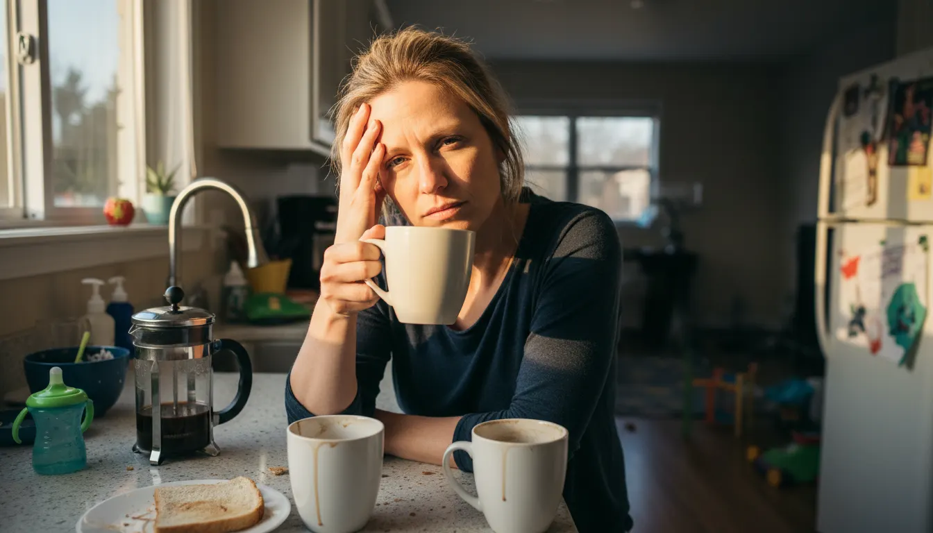 A mom at a kitchen counter mid-morning, holding her third coffee cup with a tired expression, hand on her forehead, harsh ...