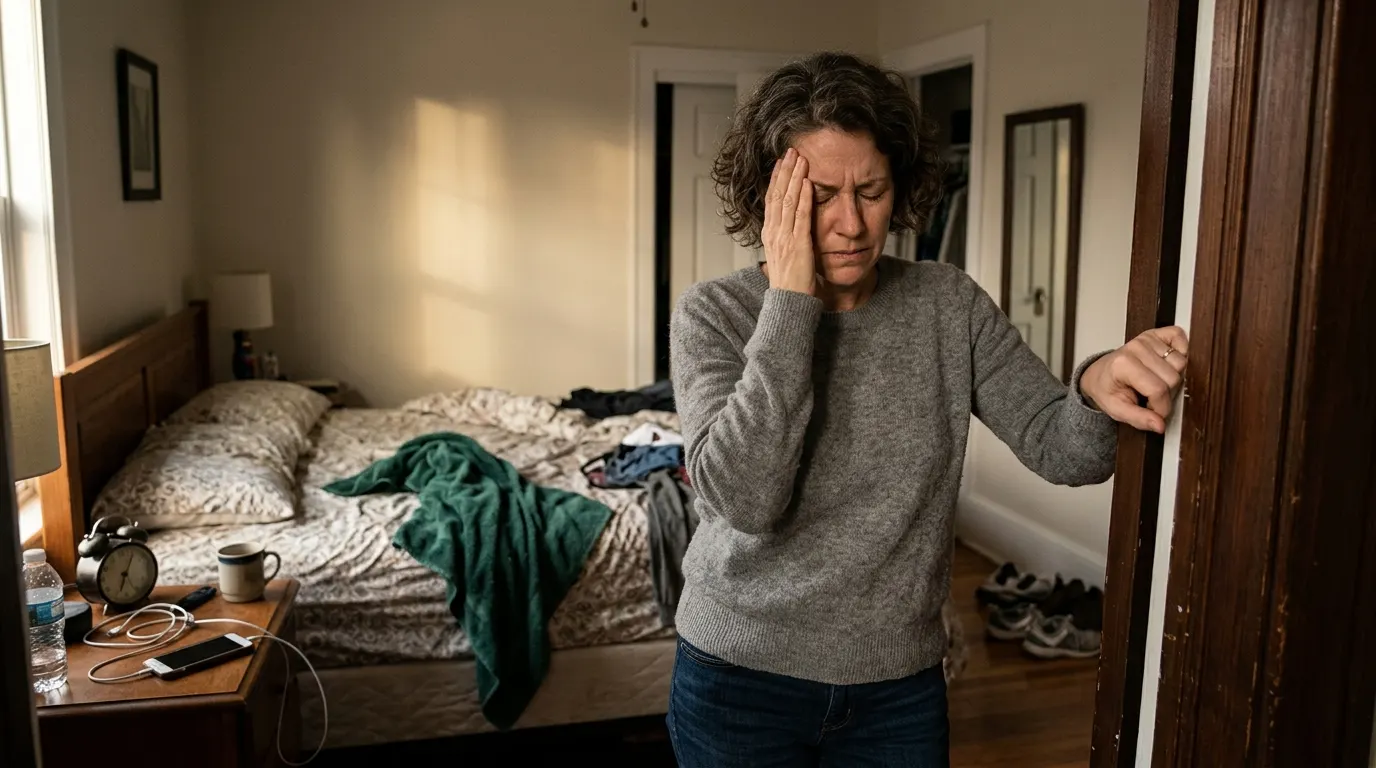 A woman in her late forties stands in a bedroom doorway at 5:15 PM, one hand pressed to her temple, the other gripping the...