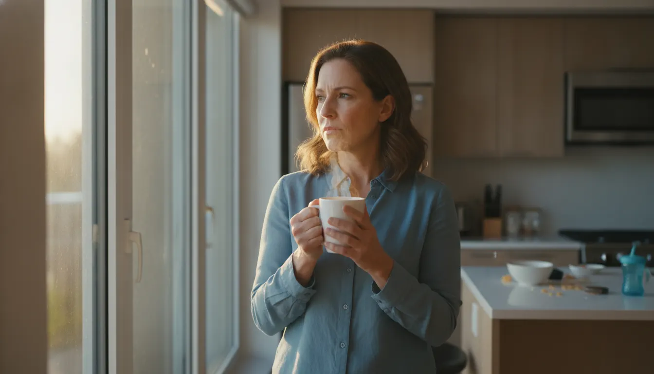A busy mom in her mid-40s at dawn in a modern kitchen, holding a steaming coffee mug, looking out the window with quiet de...