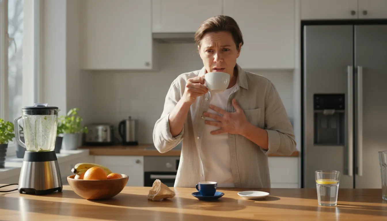 A health-conscious adult at a kitchen counter in morning light, holding a coffee cup with a slight grimace, hand on chest ...