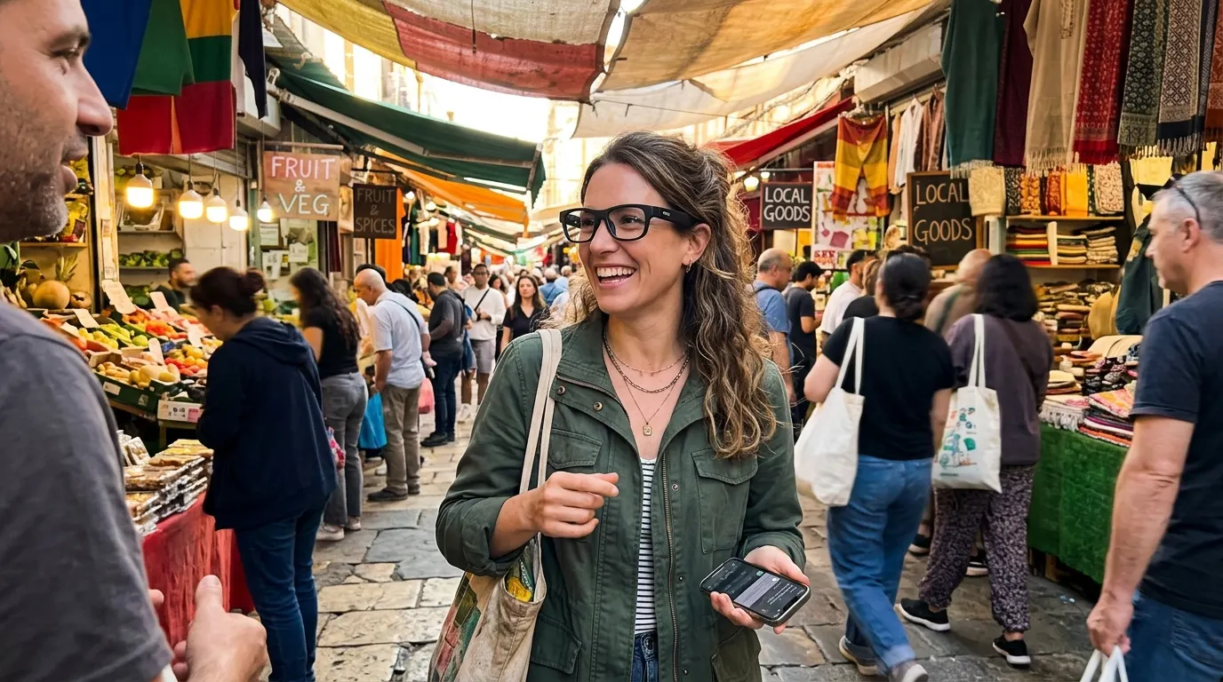 A person in their 30s navigating a bustling outdoor market, wearing sleek smart glasses, soft natural afternoon light filt...
