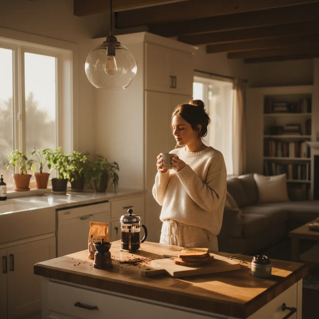 photo of a person starting their morning routine, warm natural window light, holding a mug, peaceful and focused energy. ,...