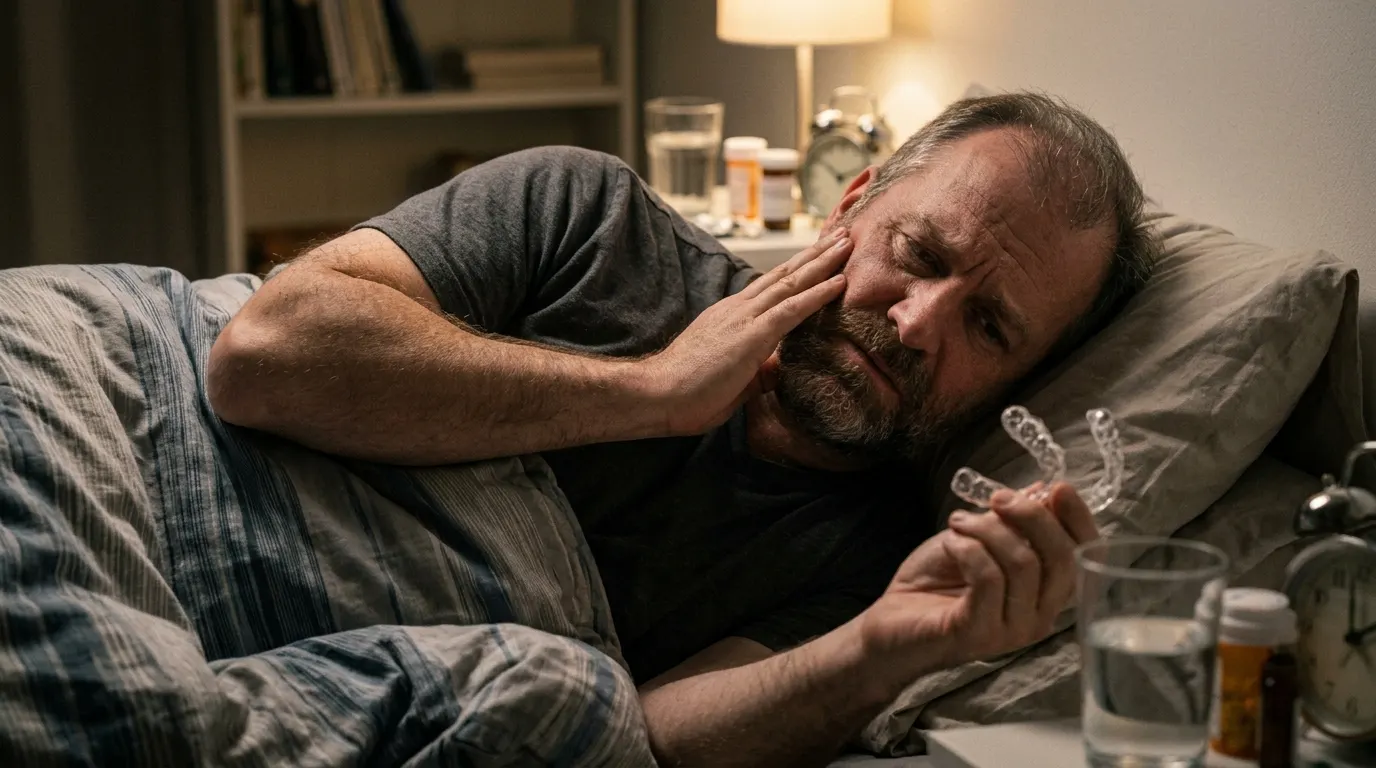 A man in his late 40s, lying in bed at night in soft bedroom light, looking frustrated and touching his jaw with visible t...