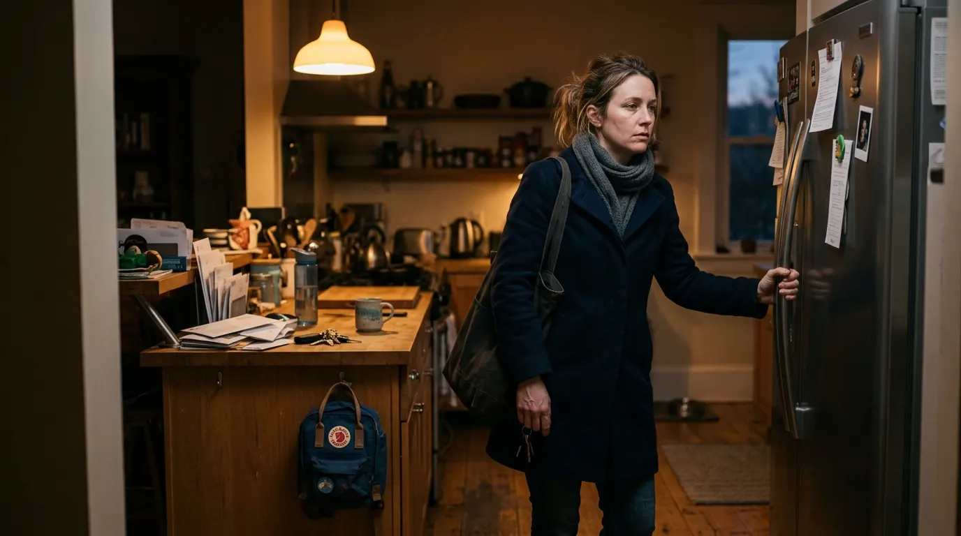 A woman in her late thirties stands in her coat in a dim entryway at dusk, one hand already on the refrigerator door handl...