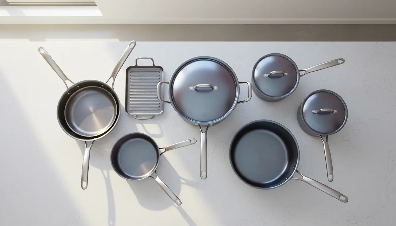 Overhead flat-lay of a modern kitchen counter with a complete titanium cookware set displayed: pans, skillets, and pots ar...