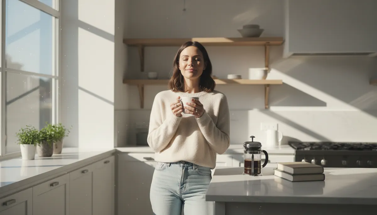 Busy mom in bright, natural-lit kitchen enjoying peaceful morning coffee ritual, warm sunlight streaming through windows, ...