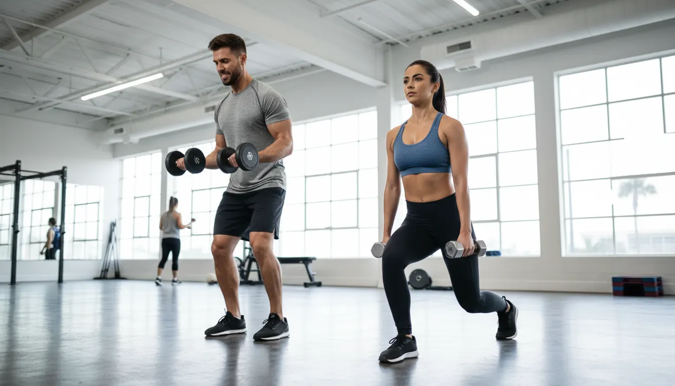 Athletic man and woman mid-workout in a bright, modern gym, dumbbells in hand, focused expressions, natural window lightin...
