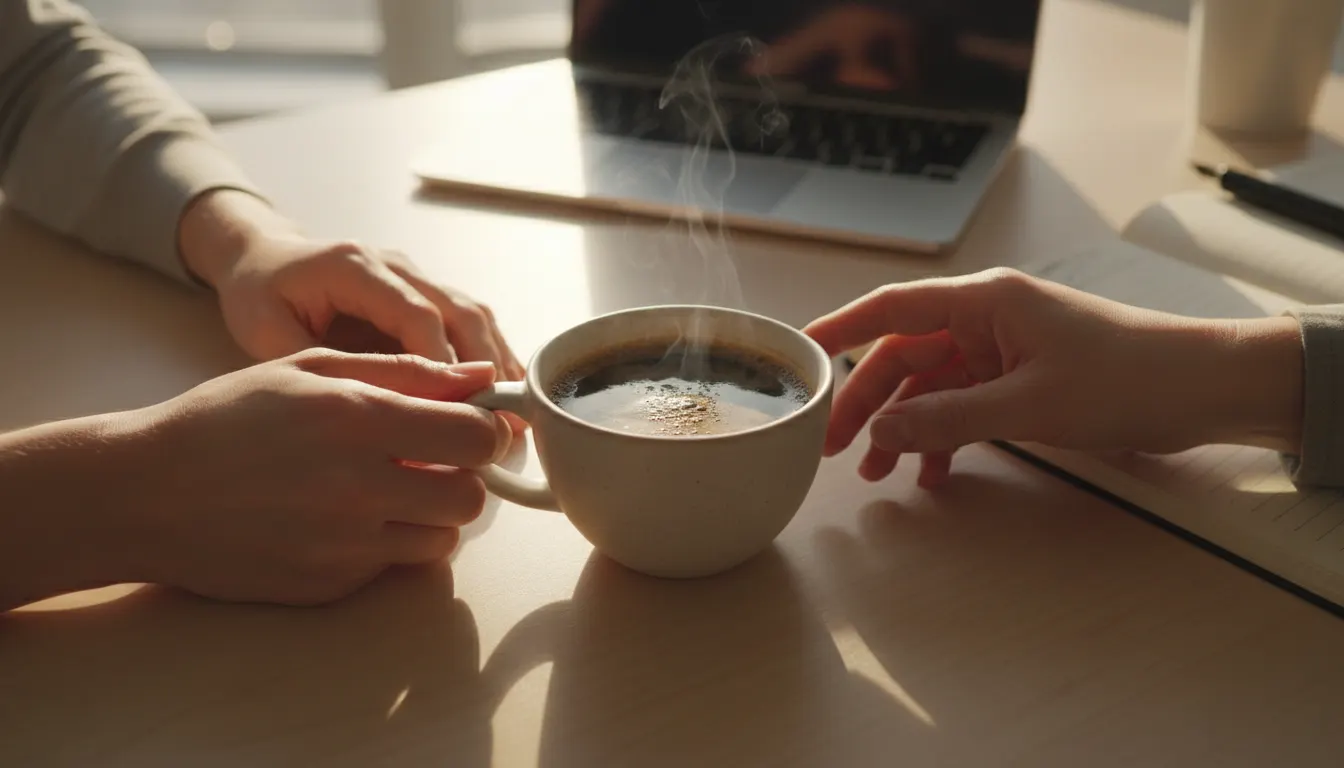 Overhead shot of a steaming cup of rich, dark coffee on a minimalist desk at 7am, morning light streaming through a window...
