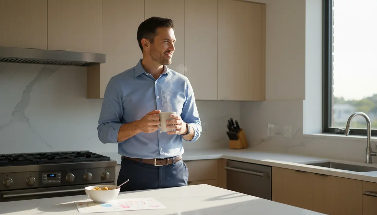 Busy professional dad in modern kitchen early morning, holding warm coffee mug, natural sunlight streaming through window,...