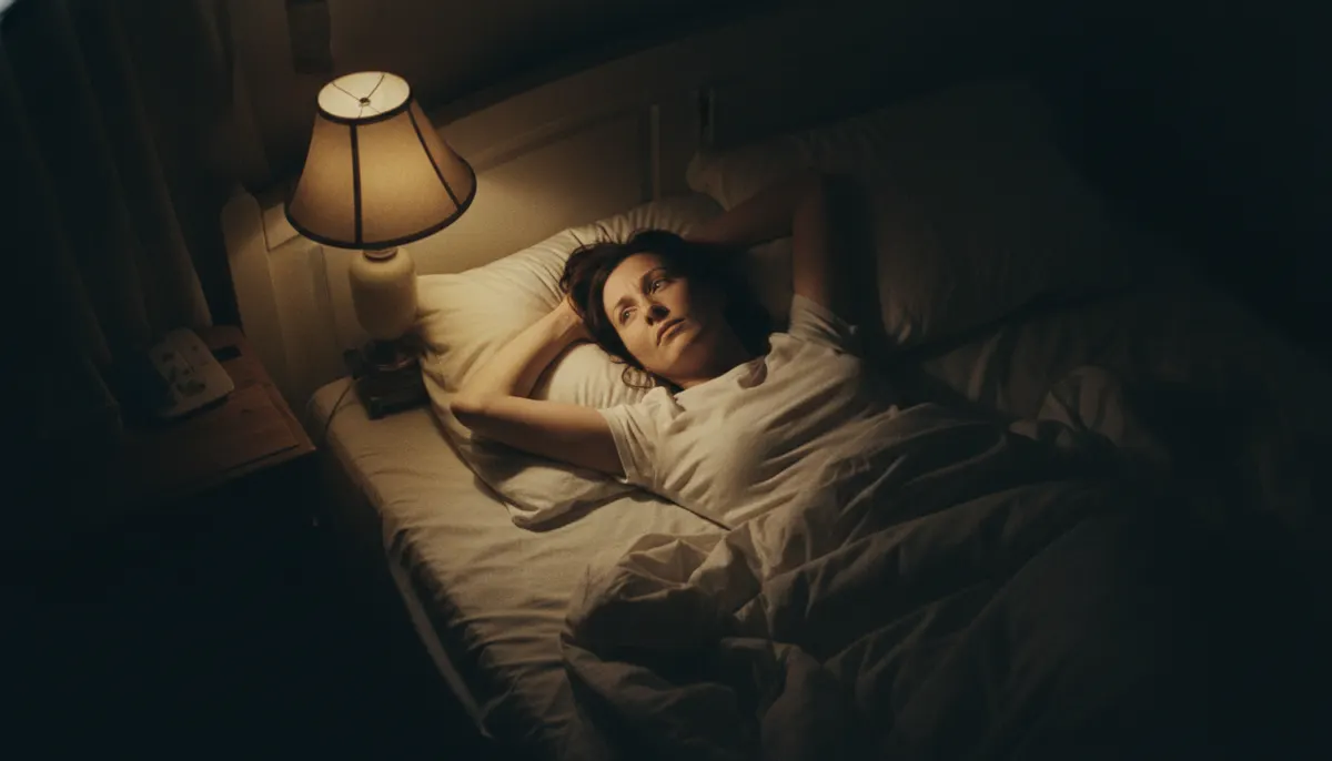 Exhausted woman in bed at night, staring at ceiling unable to sleep, soft warm bedside lamp lighting, natural documentary-...