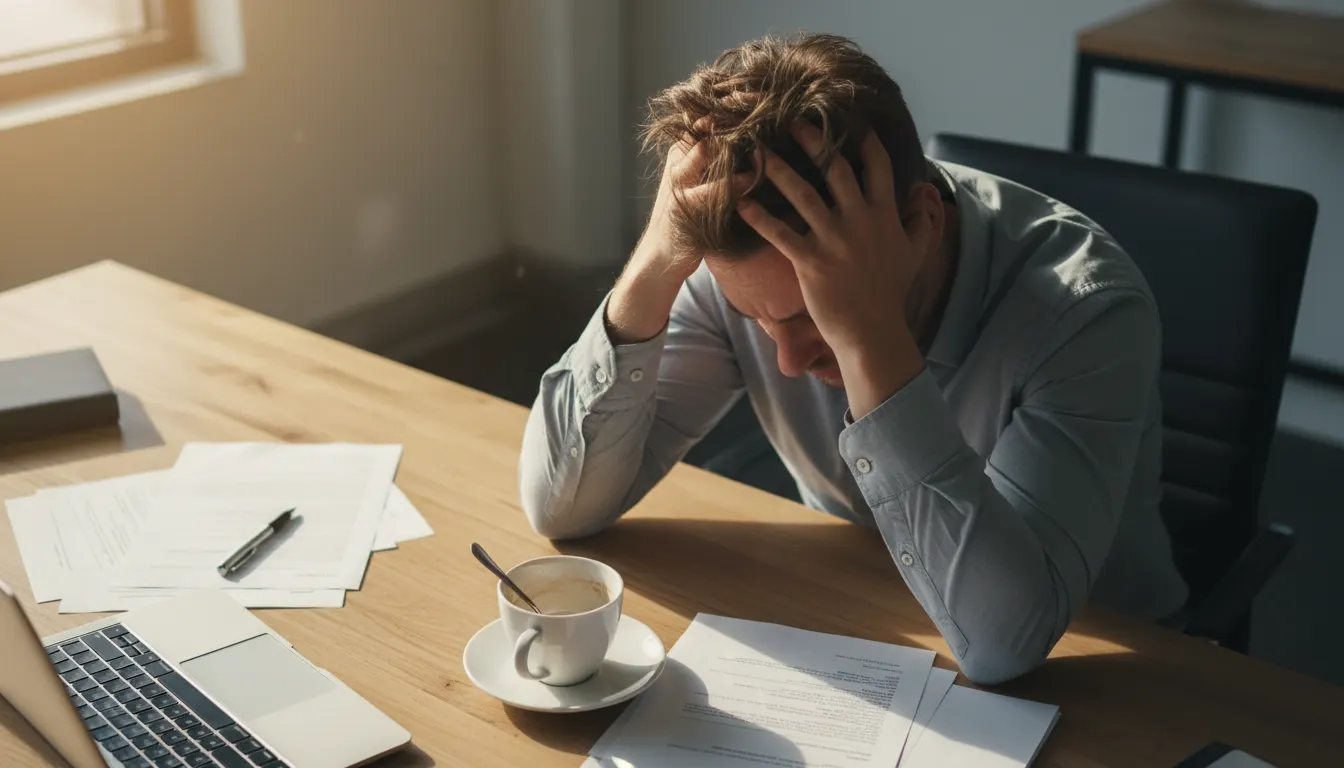 Overhead shot of exhausted professional at desk during afternoon slump, head in hand beside empty coffee mug, soft natural...