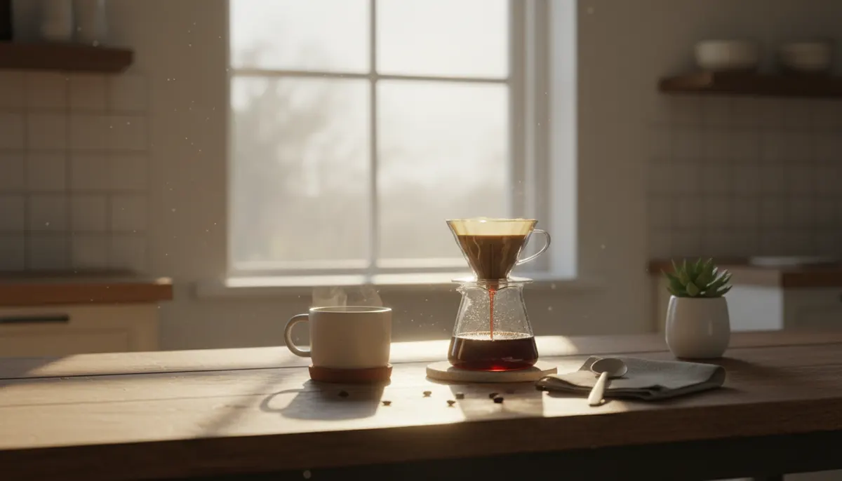 Serene morning coffee ritual on wooden table with natural sunlight streaming through kitchen window, minimalist aesthetic,...