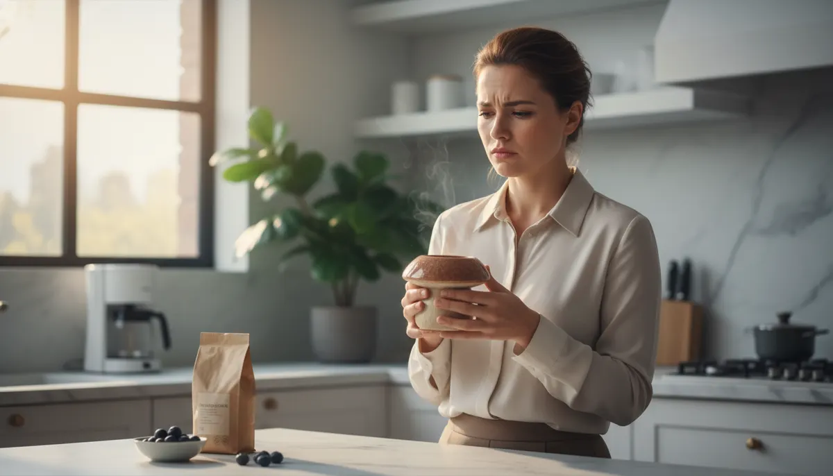 Overhead shot of an exhausted professional at desk at 3:47pm, half-empty coffee cup beside laptop, unfocused gaze at scree...