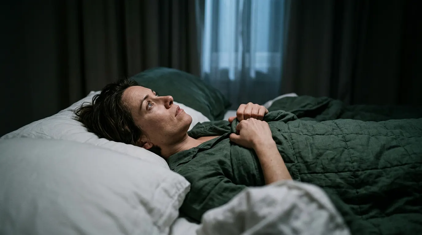 A woman in her late 30s lying in bed at night, eyes open and staring at the ceiling, her body still but her expression ten...