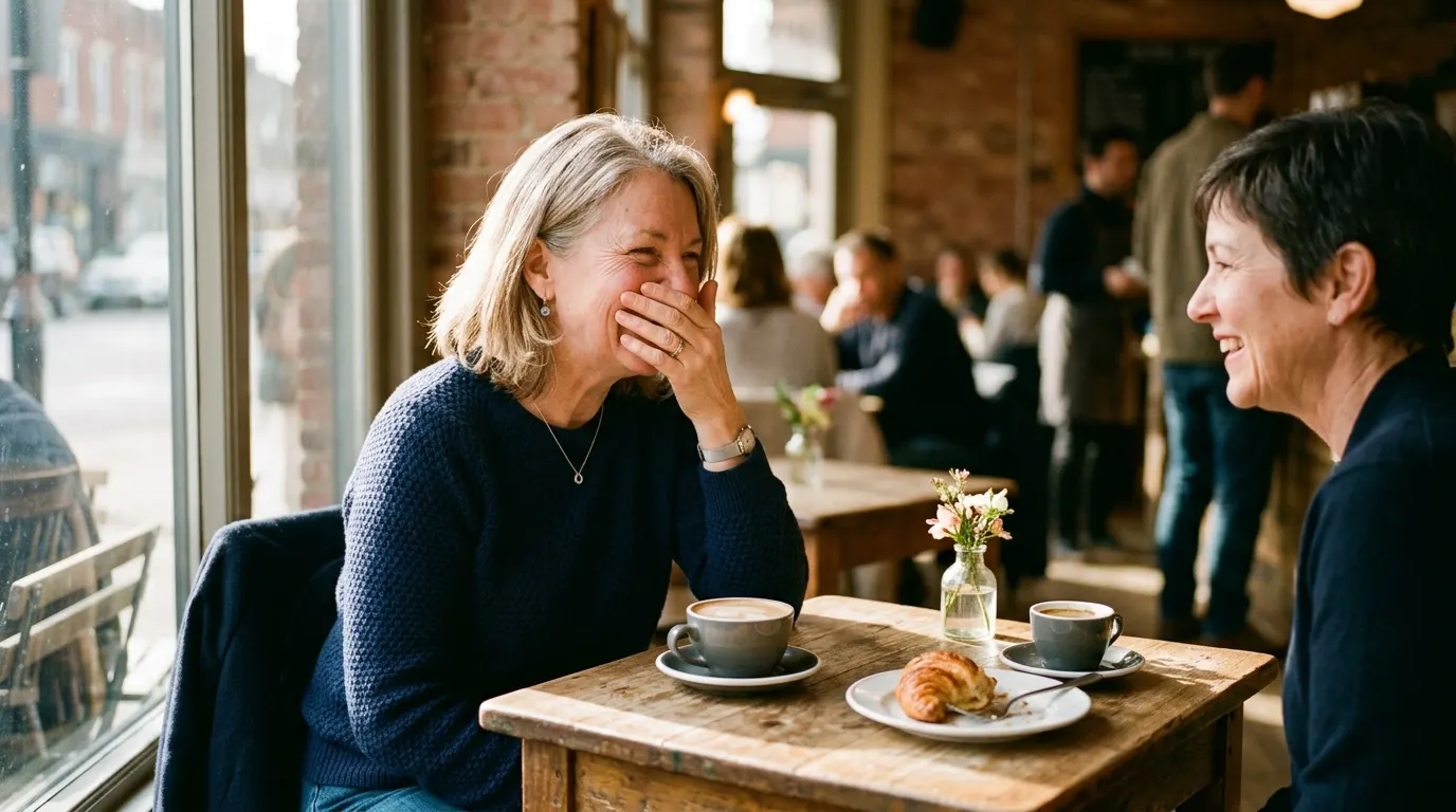 A woman in her late 50s sitting at a cafe table, mid-conversation with a friend