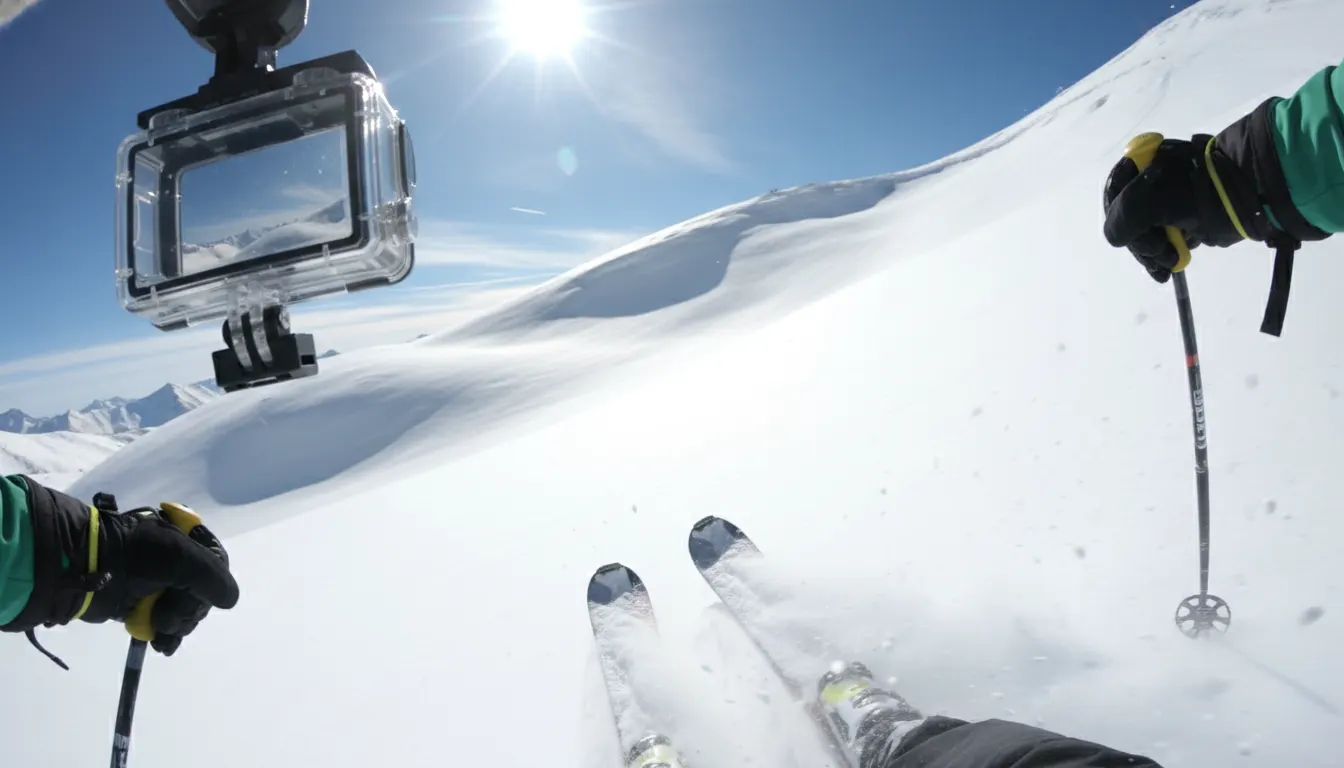 Action camera mounted on helmet or chest rig, sharp stabilized footage of skier carving down snowy mountain slope at high ...