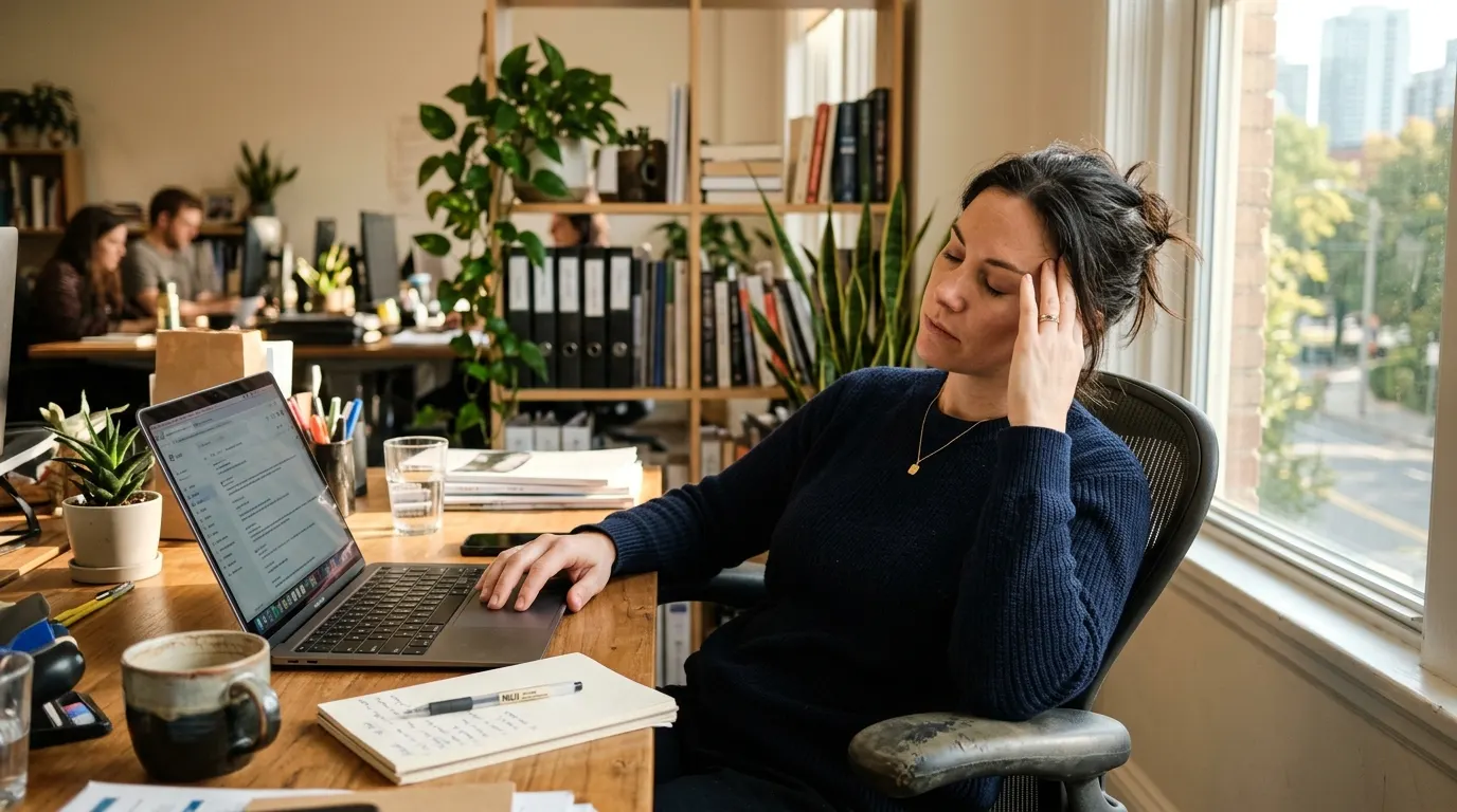 A woman in her late 30s at her desk mid-afternoon, sitting back in her chair with eyes closed for a brief moment, one hand...