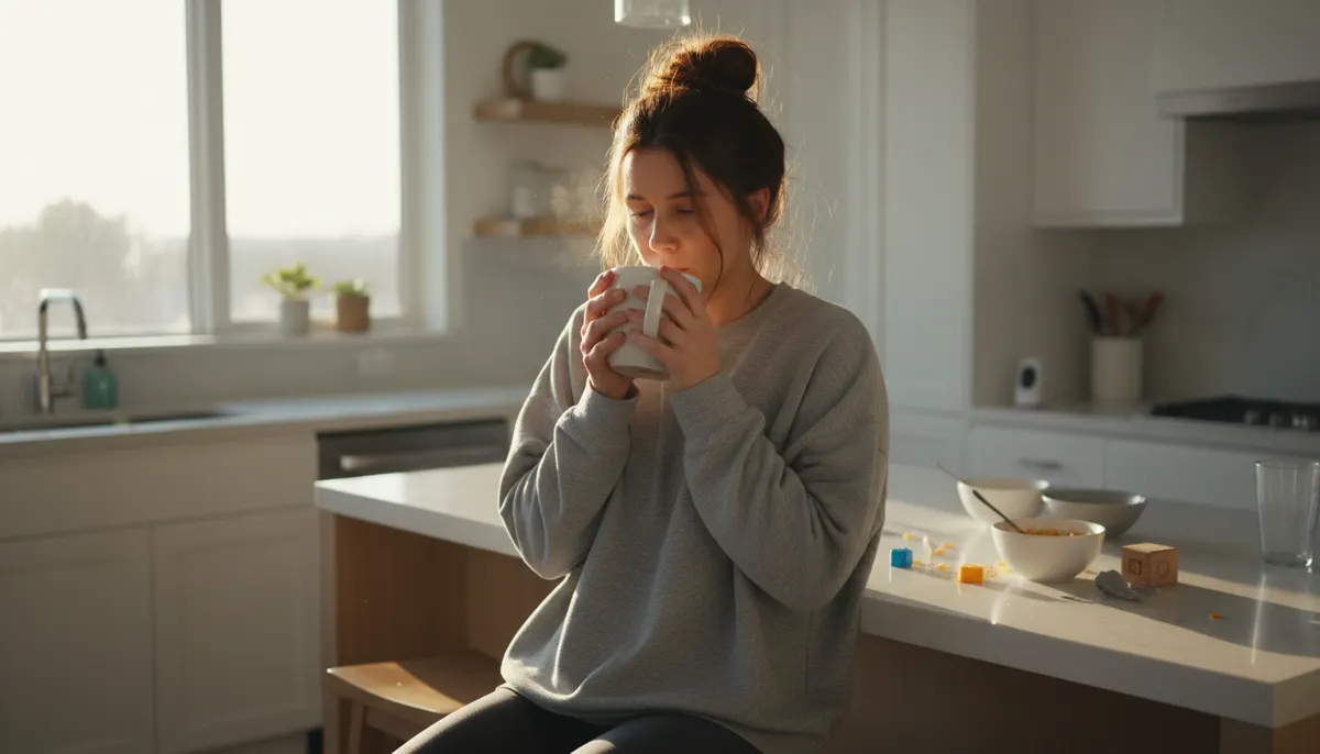 Exhausted busy mother holding coffee mug in modern kitchen at sunrise, looking tired despite caffeine, natural morning lig...