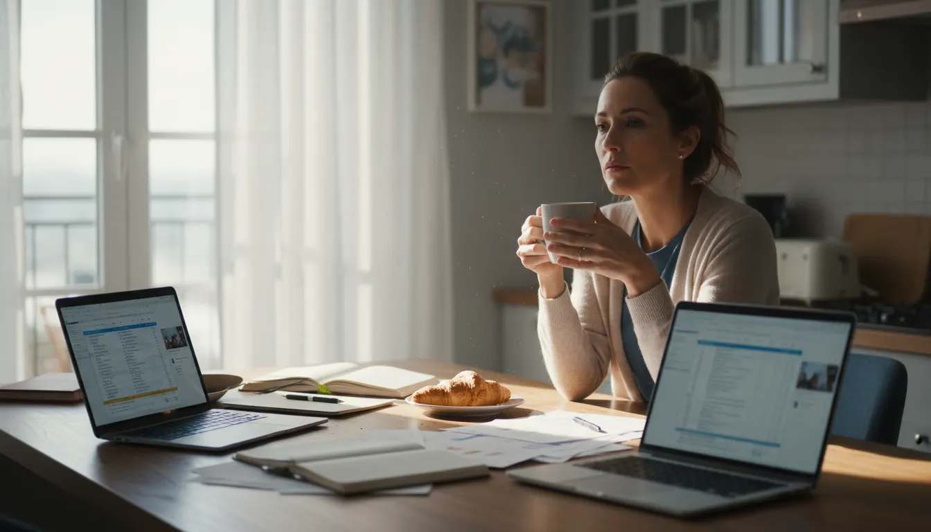 A professional woman in her 40s at a kitchen counter mid-morning, holding her coffee cup with a slightly glazed expression...