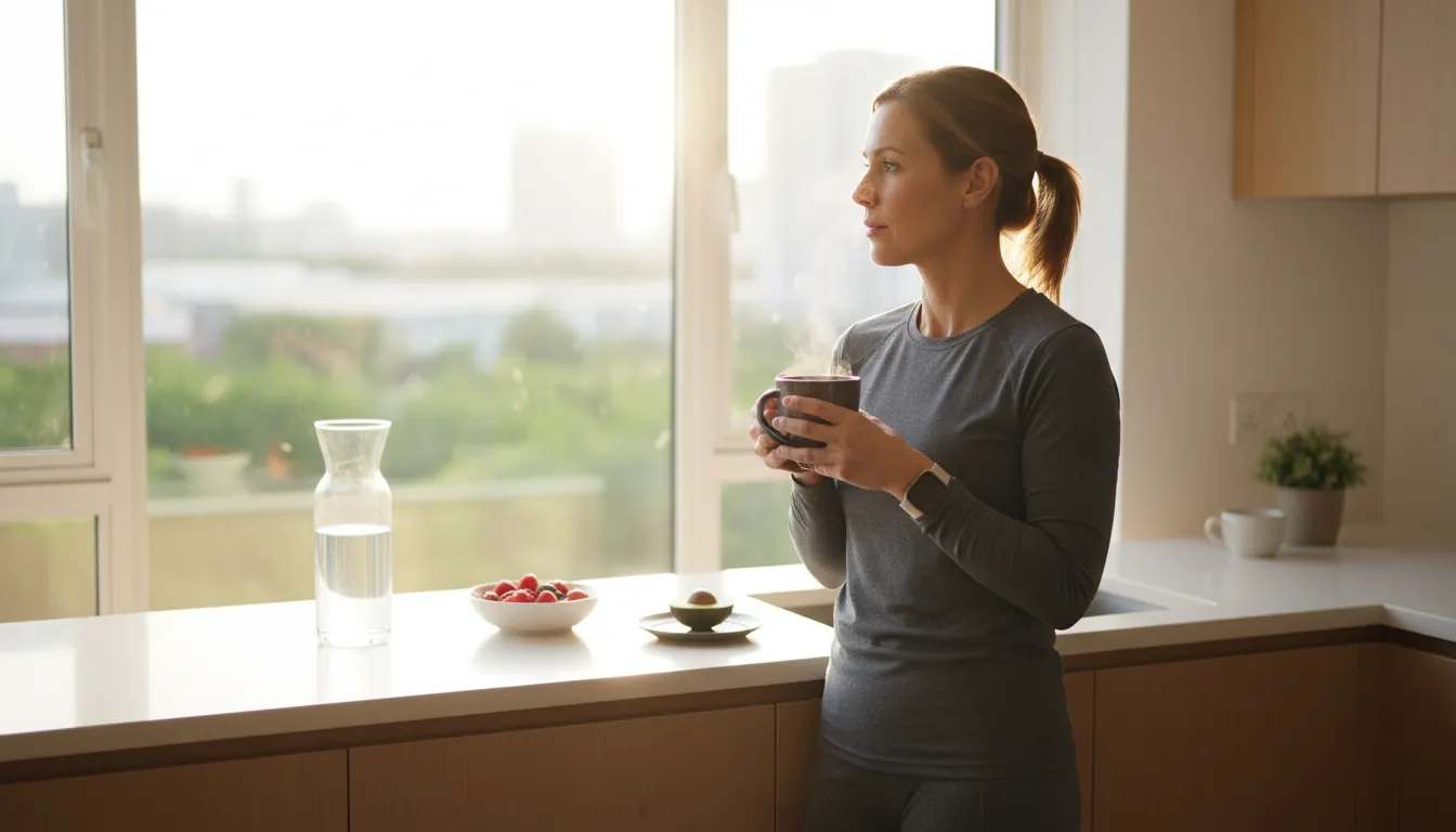 A health-conscious professional at a kitchen counter early morning, holding a steaming mug of dark coffee with a contempla...