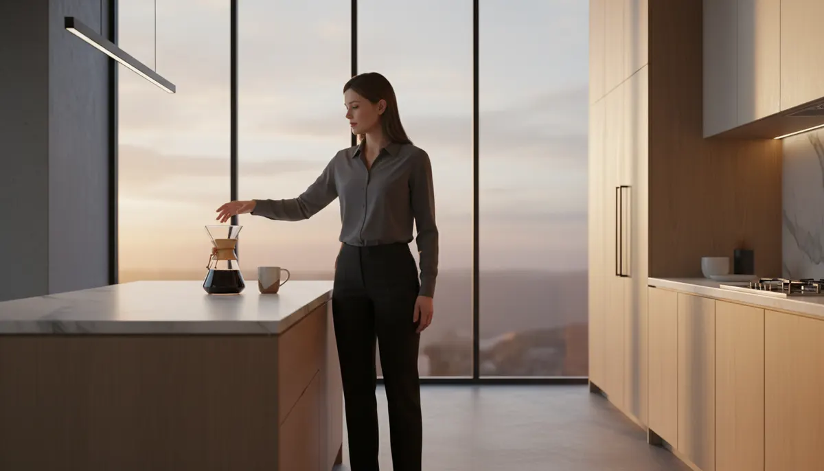 Busy professional at dawn in modern kitchen reaching for coffee, warm morning light streaming through window, calm focused...