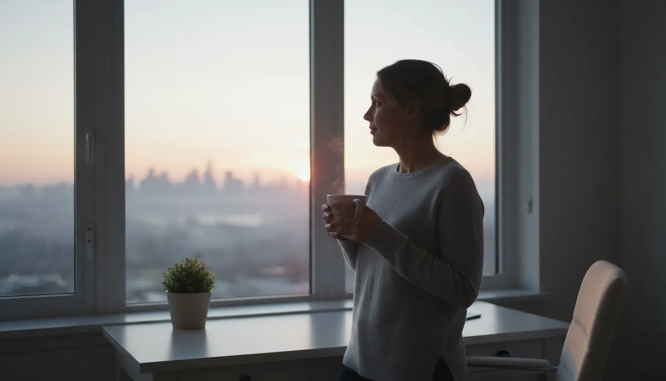 Busy professional at dawn, holding steaming coffee cup by minimalist home office window, natural soft morning light, calm ...