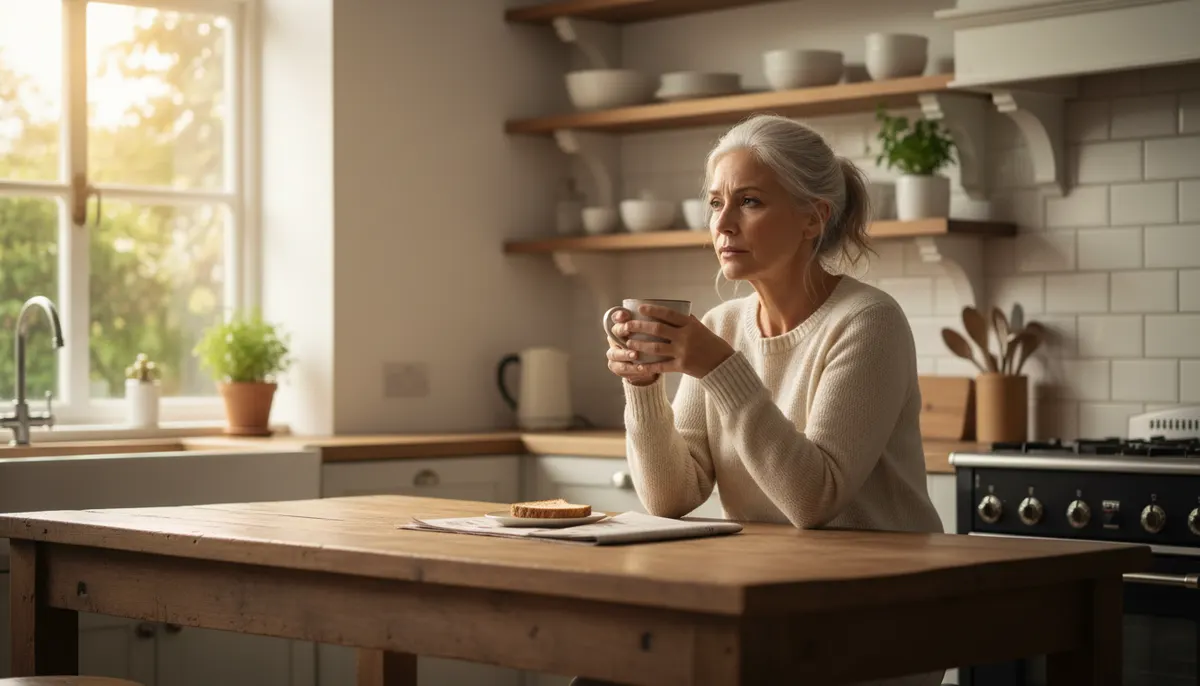 Mature adult over 50 in bright kitchen morning light, holding coffee mug, looking thoughtful with slight tension in should...