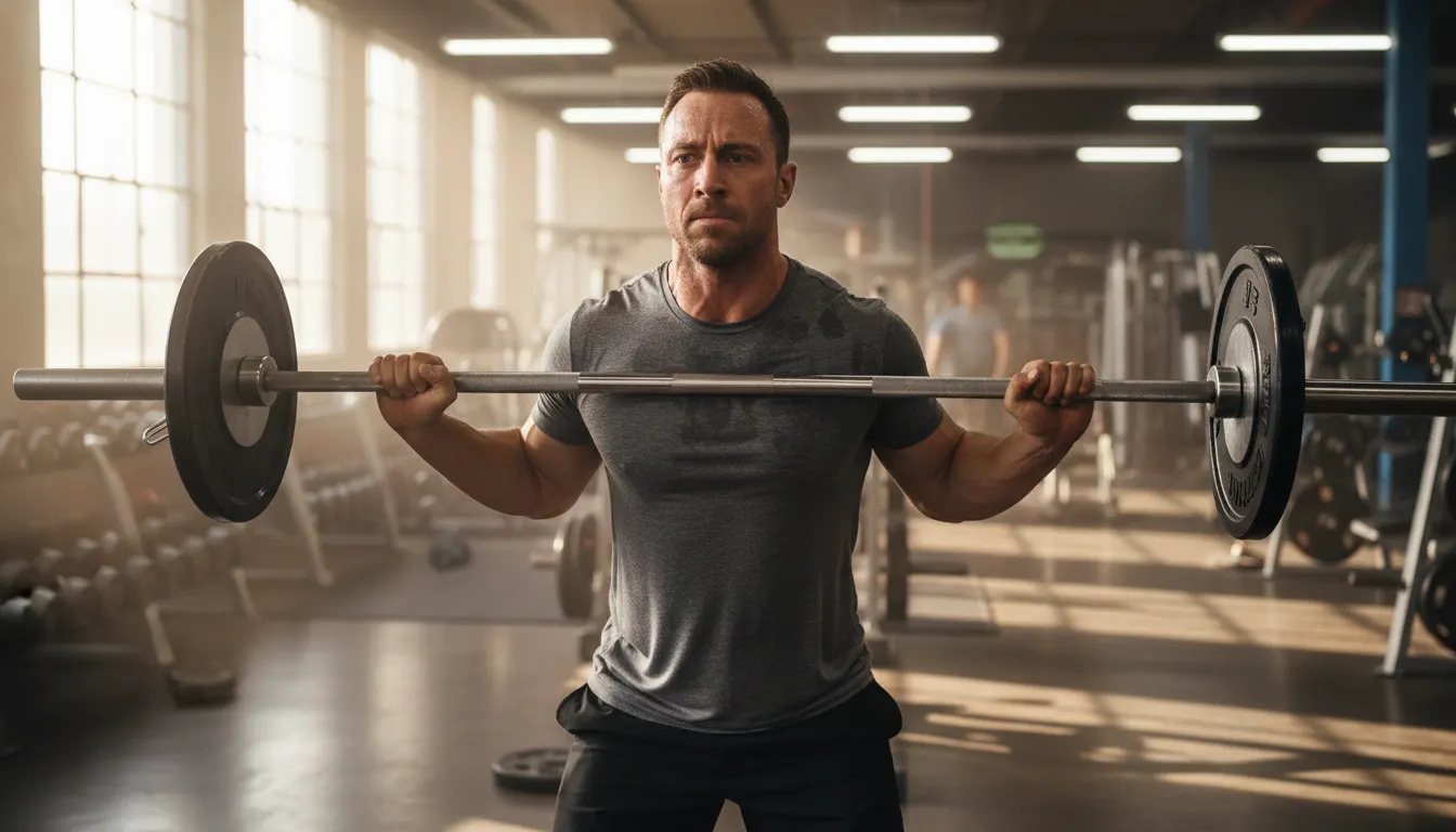 An active gym-goer mid-workout, lifting weights with intense focus and energy, sweat glistening under bright gym lighting,...