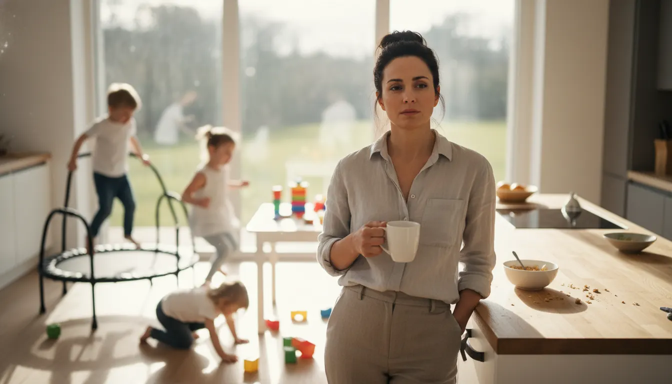 Exhausted but composed professional parent in modern kitchen at mid-morning, sunlight streaming through windows, holding e...